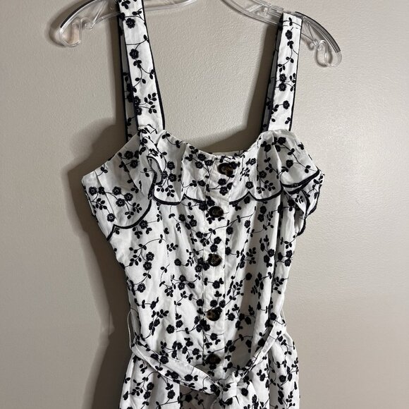 Ann Taylor Size Medium White Eyelet Navy Ruffle Dress Button Front - Picture 2 of 7